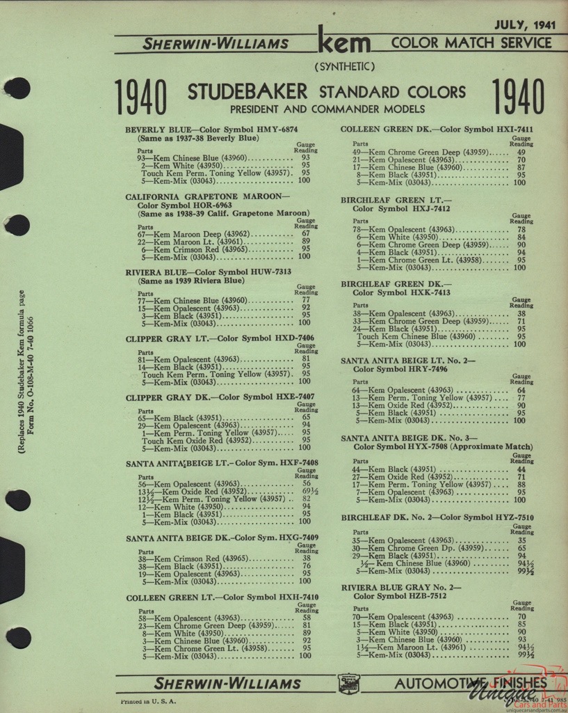 1940 Studebaker Paint Charts Williams 5